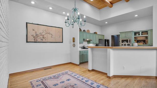 kitchen with visible vents, light wood-style flooring, appliances with stainless steel finishes, under cabinet range hood, and green cabinets