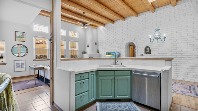 kitchen featuring dishwasher, tile countertops, a sink, and wood ceiling