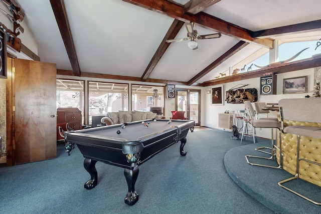 recreation room featuring pool table, ceiling fan, lofted ceiling with beams, and carpet