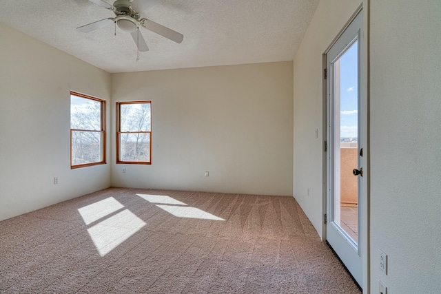 carpeted spare room featuring ceiling fan and a textured ceiling