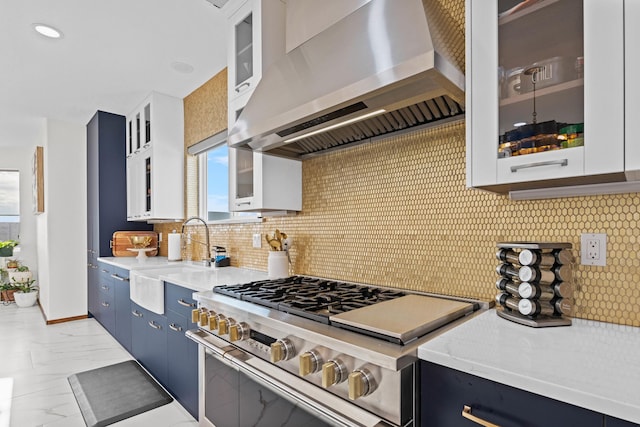 kitchen with blue cabinets, sink, ventilation hood, stainless steel stove, and white cabinets