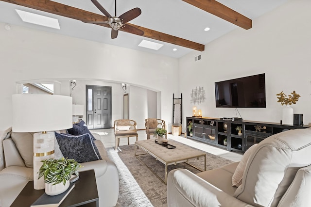 living room featuring ceiling fan, a skylight, and beamed ceiling