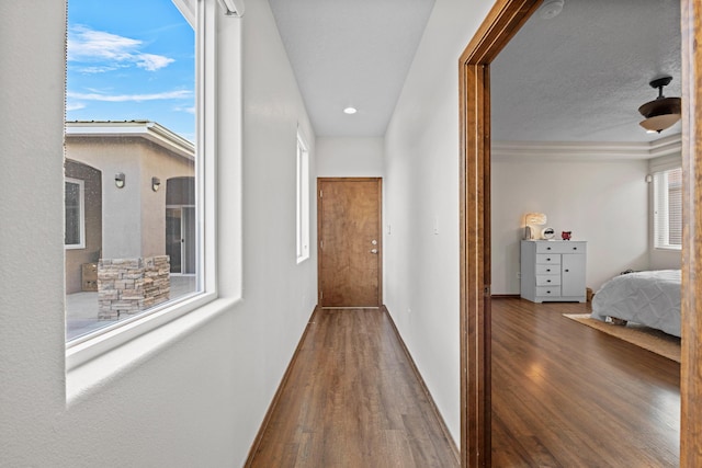 corridor featuring hardwood / wood-style flooring, plenty of natural light, and a textured ceiling