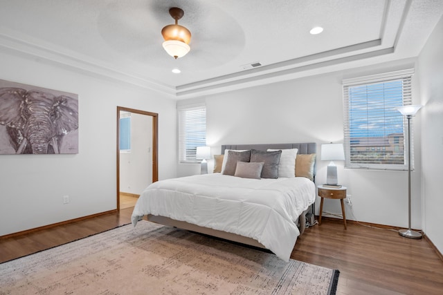 bedroom with wood-type flooring and a raised ceiling