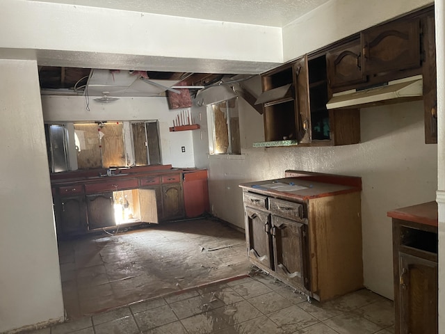 kitchen with dark brown cabinets and a textured ceiling