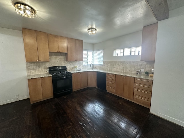 kitchen with black appliances, backsplash, and dark wood-style flooring