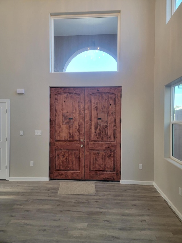 foyer entrance with wood-type flooring and a high ceiling