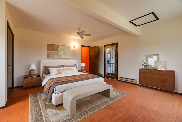 bedroom featuring beam ceiling, ceiling fan, and baseboard heating