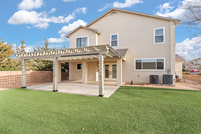 back of house with french doors, stucco siding, and a pergola