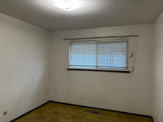 carpeted empty room with a textured ceiling