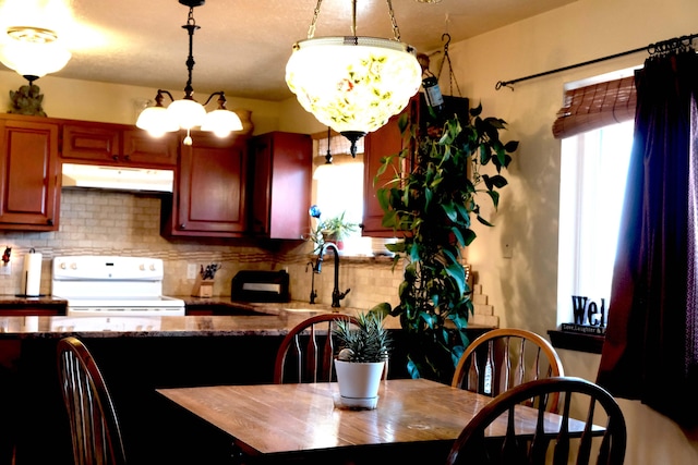 kitchen with electric range, dark stone countertops, decorative light fixtures, under cabinet range hood, and a sink