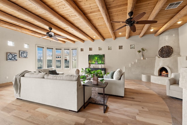 living room featuring wooden ceiling, visible vents, and light wood finished floors