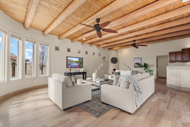 living area with baseboards, ceiling fan, wood ceiling, light wood-style flooring, and beam ceiling