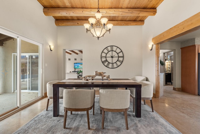 dining space featuring wooden ceiling, a notable chandelier, and beamed ceiling