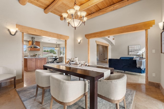 dining area with wood ceiling, beam ceiling, baseboards, and a notable chandelier