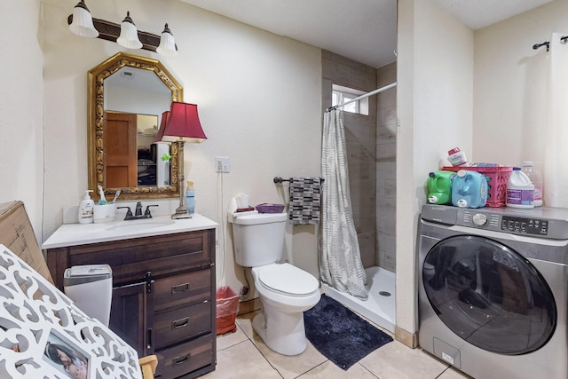 full bath with toilet, a stall shower, washer / clothes dryer, and tile patterned floors