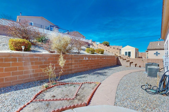 view of yard with central air condition unit, a patio area, and a fenced backyard