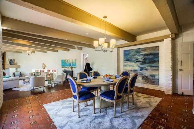 dining space featuring beamed ceiling and an inviting chandelier