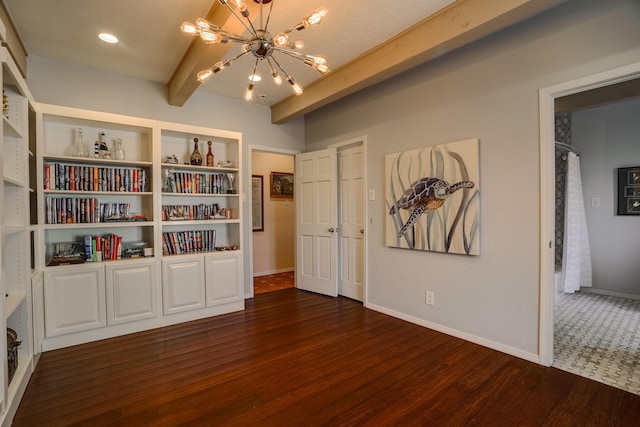 interior space with a notable chandelier, beamed ceiling, and dark wood-type flooring