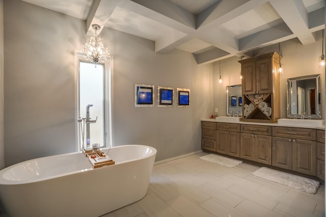 bathroom with a bath, coffered ceiling, beamed ceiling, and vanity