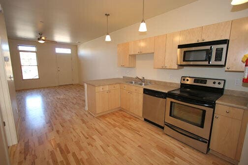 kitchen with appliances with stainless steel finishes, light brown cabinetry, decorative light fixtures, light hardwood / wood-style floors, and sink