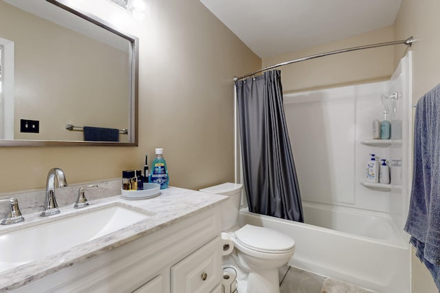 full bathroom featuring tile patterned floors, toilet, vanity, and shower / bath combination with curtain