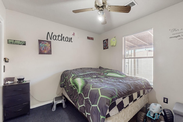 bedroom with carpet floors and ceiling fan