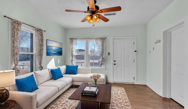 living room featuring a wealth of natural light, a textured ceiling, baseboards, and wood finished floors