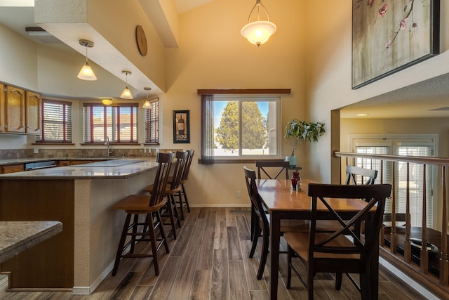 dining space with dark wood-type flooring, a towering ceiling, a wealth of natural light, and baseboards