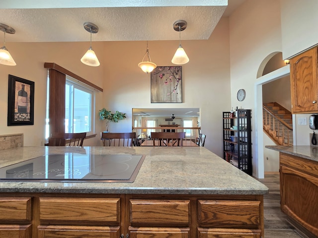 kitchen with brown cabinetry, pendant lighting, dark wood finished floors, and black electric cooktop