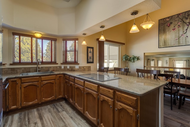 kitchen featuring hanging light fixtures, a peninsula, black electric cooktop, and a sink