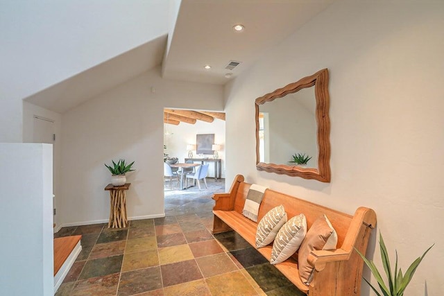 5524 Poblanos Ct NW, Albuquerque, NM 87107 - hall with stone finish floors, vaulted ceiling, and recessed lighting