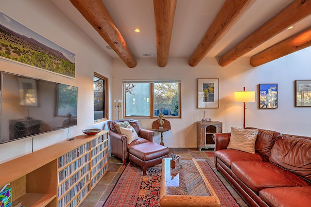 living room with beamed ceiling and recessed lighting