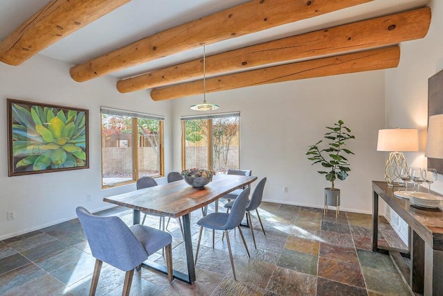 5524 Poblanos Ct NW, Albuquerque, NM 87107 - dining room with stone tile floors and beamed ceiling