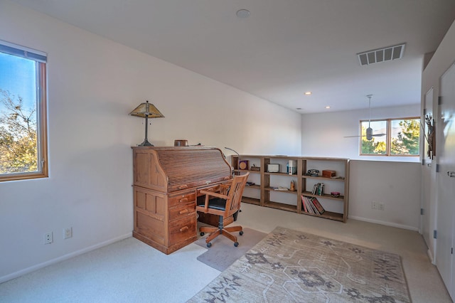 office featuring carpet, recessed lighting, visible vents, and baseboards