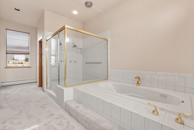 full bath featuring a stall shower, a baseboard radiator, and a garden tub