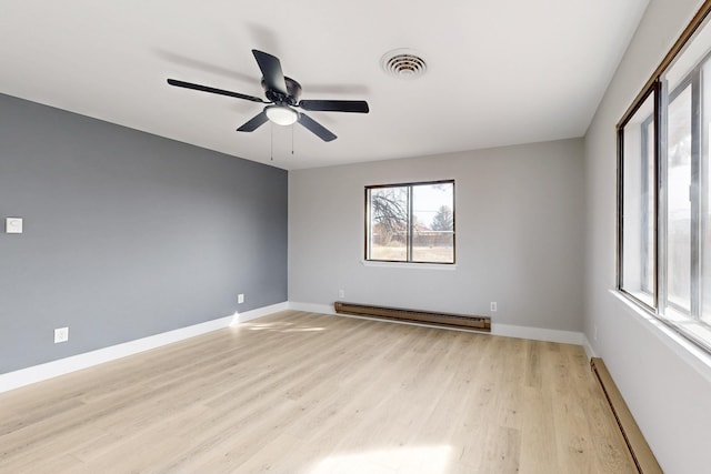 empty room with a baseboard heating unit, light wood-type flooring, visible vents, and baseboard heating