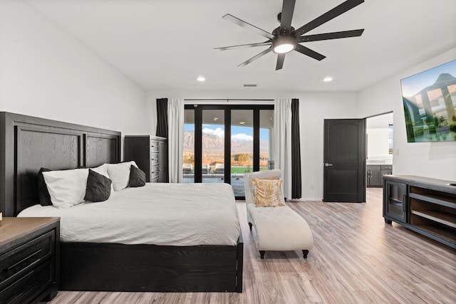 6316 La Paz Rd NE, Rio Rancho, NM 87144 - bedroom with access to exterior, light wood-style flooring, recessed lighting, a ceiling fan, and ensuite bath
