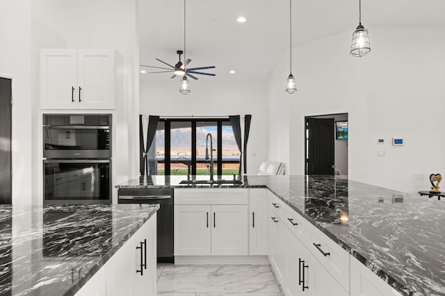 6316 La Paz Rd NE, Rio Rancho, NM 87144 - kitchen featuring dishwashing machine, a sink, a ceiling fan, recessed lighting, and light marble finish flooring