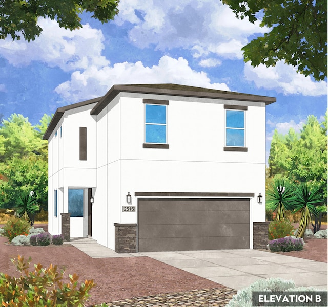 392 Pecos Loop SE, Rio Rancho, NM 87124 - contemporary house with an attached garage, stucco siding, concrete driveway, and stone siding