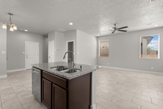 392 Pecos Loop SE, Rio Rancho, NM 87124 - kitchen with a sink, stainless steel dishwasher, ceiling fan, open floor plan, and dark brown cabinetry
