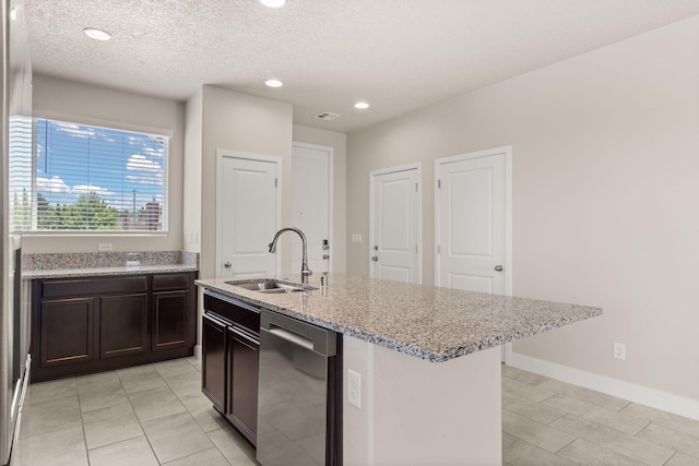 392 Pecos Loop SE, Rio Rancho, NM 87124 - kitchen with a sink, dishwasher, light stone counters, dark brown cabinetry, and recessed lighting