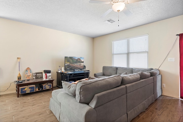 1735 Garden Way SW, Albuquerque, NM 87105 - living room featuring light wood-style floors, visible vents, ceiling fan, and a textured ceiling