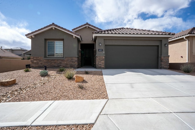 single story home featuring a garage, stone siding, driveway, and stucco siding