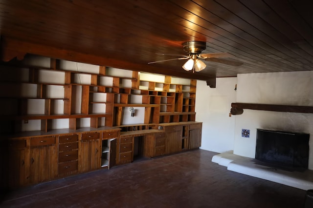 interior space featuring dark wood-style floors, wooden ceiling, a fireplace with raised hearth, and a ceiling fan