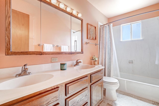 full bath featuring double vanity, shower / tub combo, a sink, and toilet