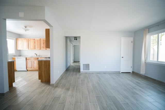 interior space with light wood finished floors, plenty of natural light, visible vents, and baseboards