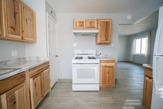 kitchen featuring light countertops, white appliances, wood tiled floor, and under cabinet range hood