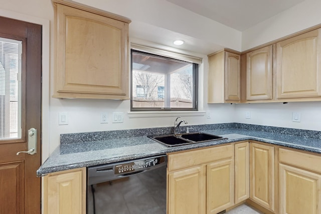 kitchen with black dishwasher and light brown cabinetry