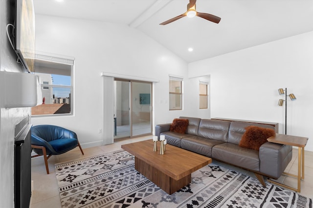 6052 Nauman Dr SE, Albuquerque, NM 87106 - living room featuring a ceiling fan, beam ceiling, light tile patterned flooring, and high vaulted ceiling
